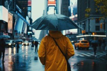 A person wearing a yellow raincoat holding an umbrella. This image can be used to depict protection from rain or adverse weather conditions