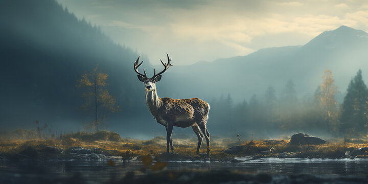 Deer in the misty autumn forest. 3D Rendering