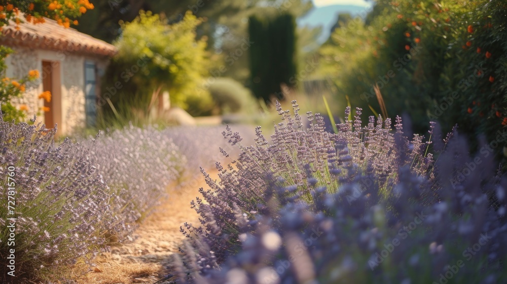 Poster a beautiful garden with lavender and orange flowers. perfect for adding a pop of color to any projec