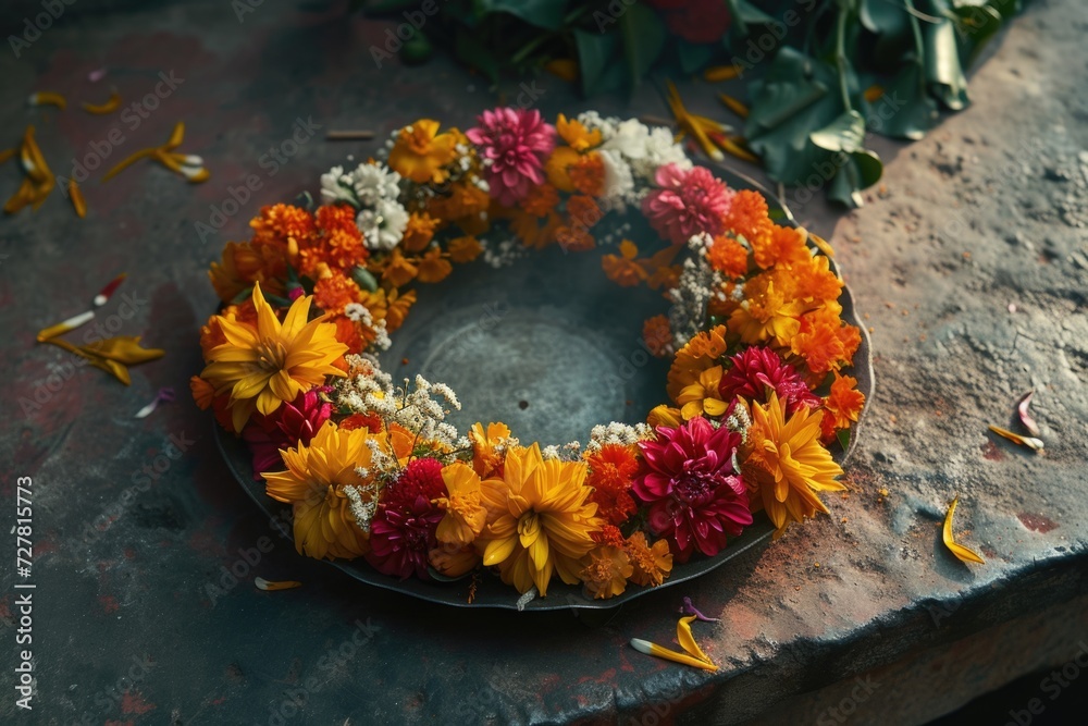 Poster a wreath of flowers placed on a table. perfect for adding a touch of elegance to any event or celebr