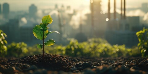 A vibrant plant sprouting out of the ground in front of a stunning city skyline. Perfect for illustrating growth, urban development, and the harmony between nature and the city - obrazy, fototapety, plakaty