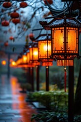 A row of lanterns hanging from a tree, perfect for creating a cozy and magical atmosphere. Use this image to enhance your outdoor event or create a whimsical scene in your creative projects