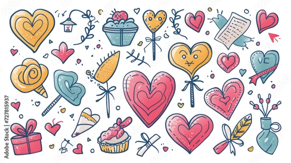 Poster a collection of hearts and various objects arranged on a clean white background. ideal for valentine