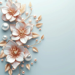 3D cyan Gold Flowers and Pearls, space for text