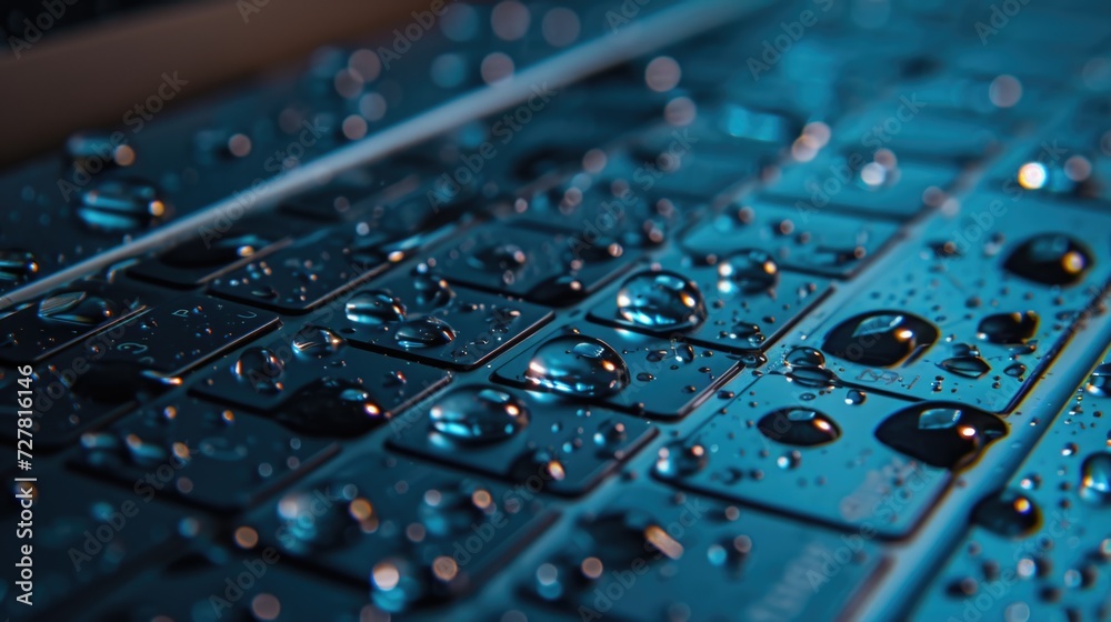 Poster a close up of a keyboard covered in water droplets. perfect for illustrating water damage or the nee
