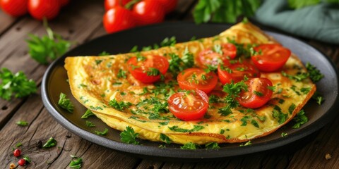 An omelet with fresh tomatoes and parsley served on a plate. Perfect for a healthy and delicious breakfast or brunch option
