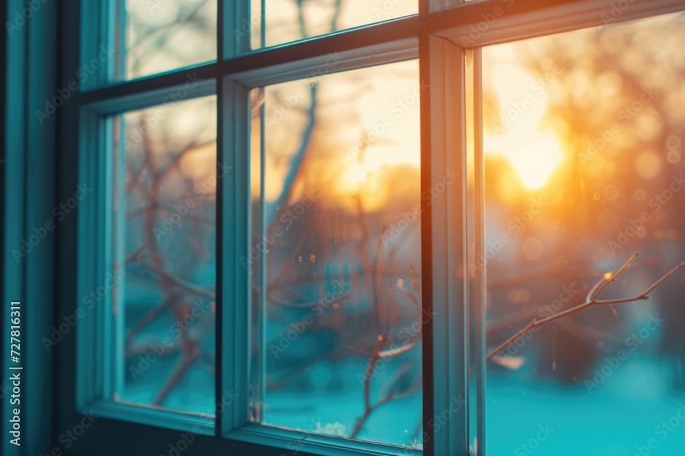 Poster A beautiful sunset shining through the window of a house. Perfect for adding warmth and a cozy atmosphere to any project or design