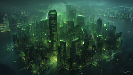 Obraz premium Dystopian Dreams: A Hi-Tech Cyberpunk City Amidst Ruins