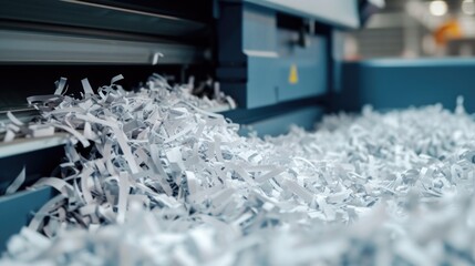 A machine cutting shredded paper in a factory. Suitable for industrial and recycling concepts