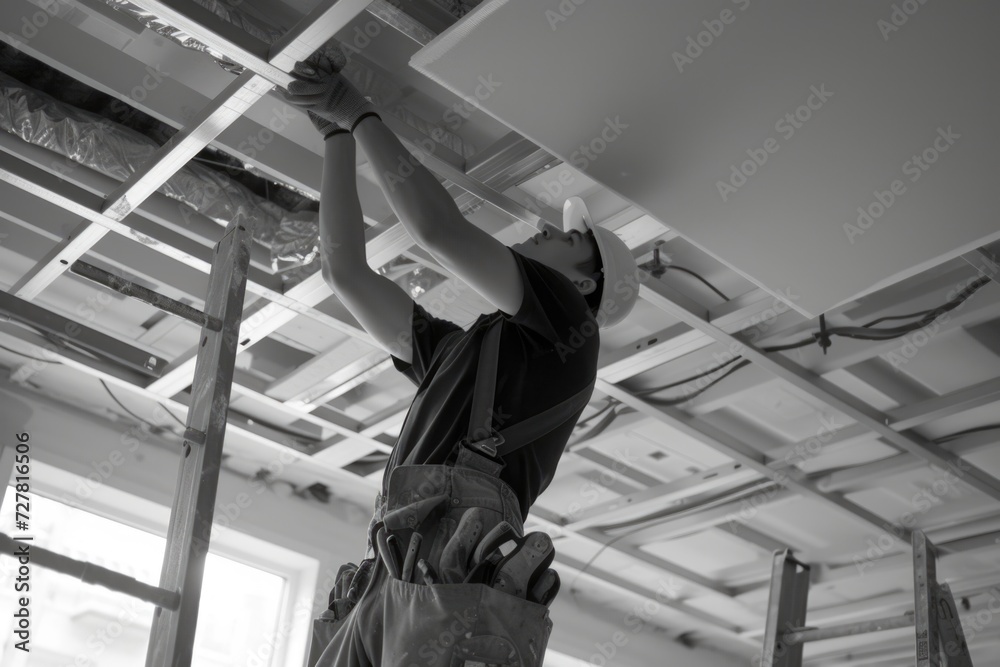 Poster a man is seen on a ladder, working on a ceiling. this image can be used to depict home improvement, 
