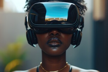 A woman is pictured wearing headphones and a pair of glasses. This image can be used to represent technology, music, or leisure activities