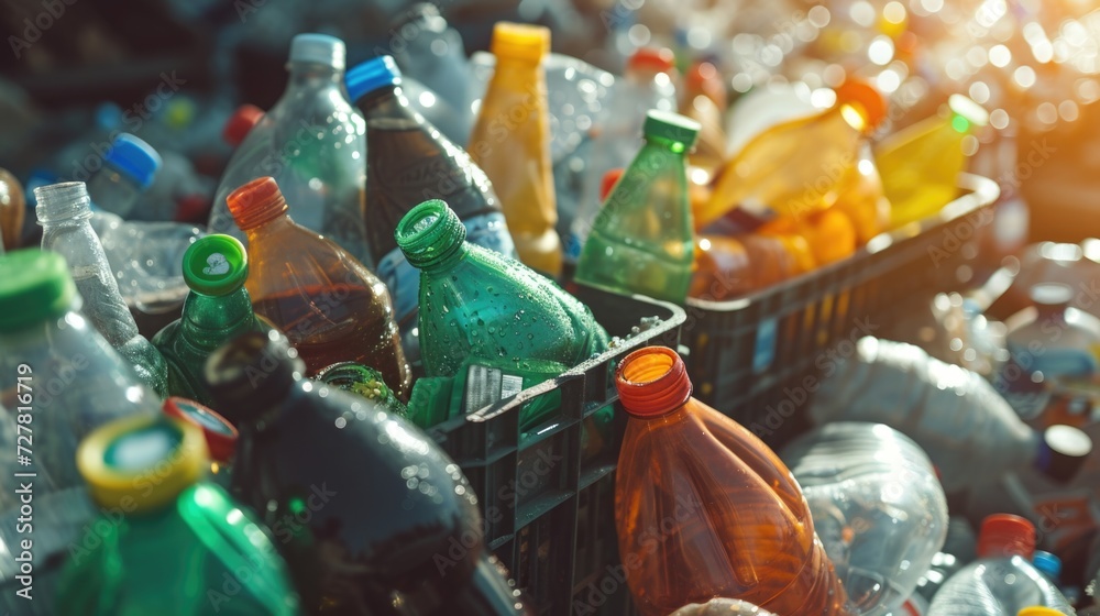 Poster A pile of empty plastic bottles stacked on top of each other. Suitable for recycling or environmental concepts