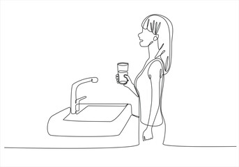 continuous line of a girl using mouth wash on a white background