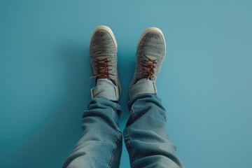 A person standing on a blue surface with their feet up. Suitable for various concepts and designs