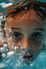A young child is seen swimming underwater with bubbles. This image can be used to depict the joy and freedom of swimming or to illustrate the concept of water activities and exploration