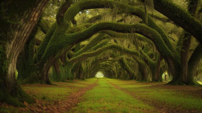 A captivating image of a tree tunnel covered in lush green moss. Perfect for nature enthusiasts or those seeking a peaceful and serene atmosphere.