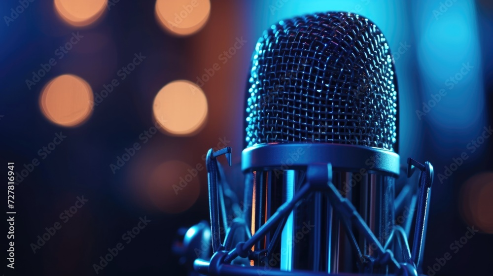 Poster a close-up view of a microphone with vibrant lights in the background. ideal for music events, conce