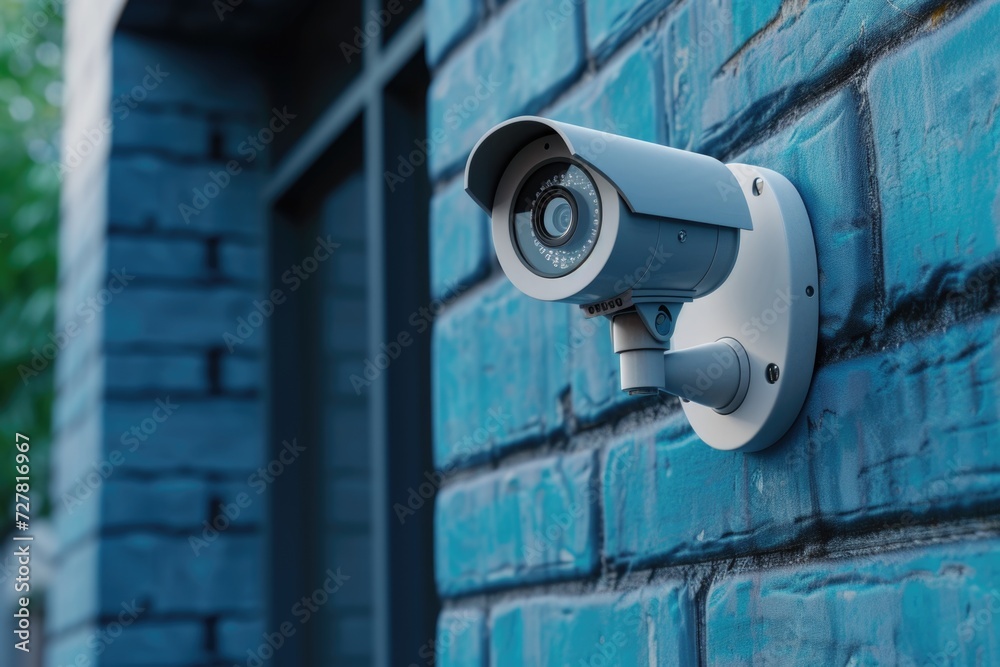 Poster A security camera mounted on the side of a building. Suitable for surveillance and security-related concepts
