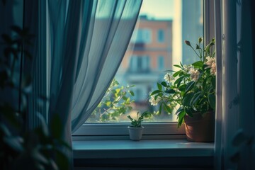 A potted plant sitting on a window sill. Can be used to add a touch of nature to interior design or showcase the beauty of indoor gardening