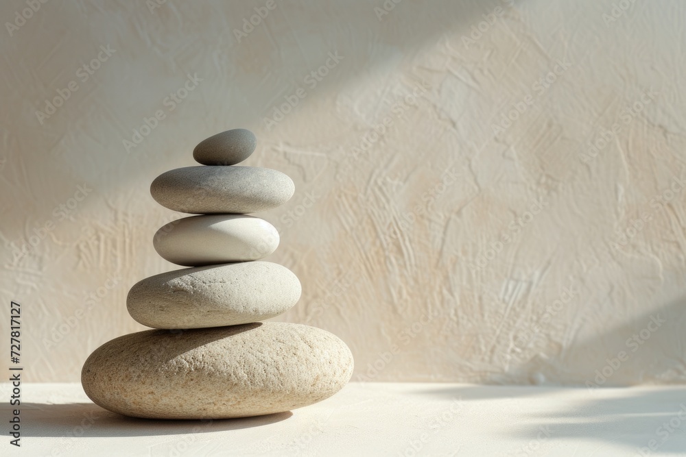 Poster A stack of rocks sitting on top of a table. This versatile image can be used to represent stability, balance, nature, mindfulness, and tranquility.
