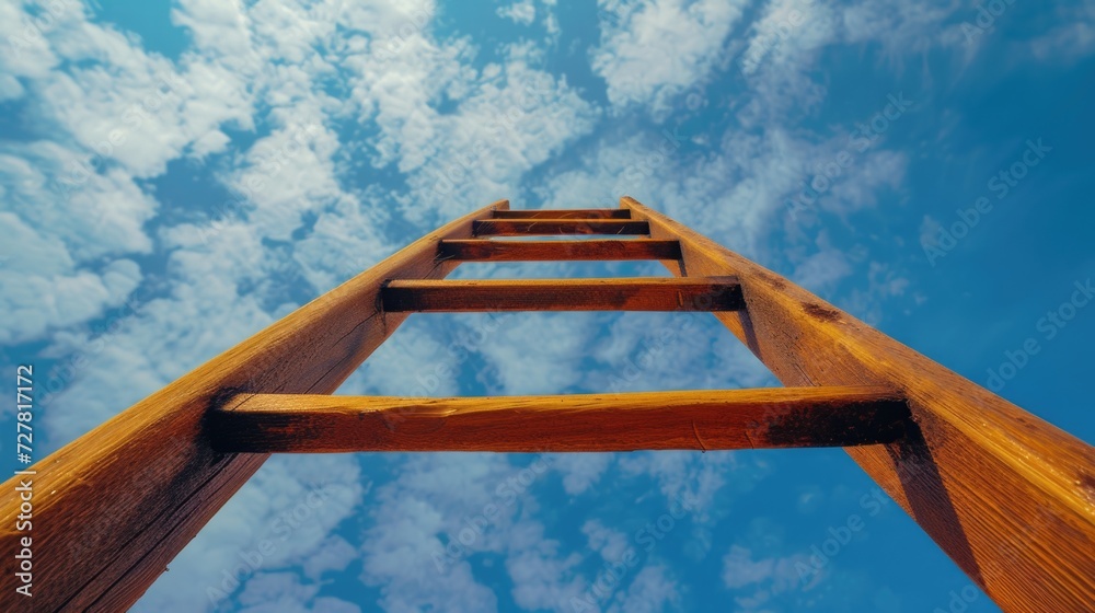 Poster A wooden ladder extending upwards into the sky. Suitable for concepts related to aspirations, growth, and reaching new heights