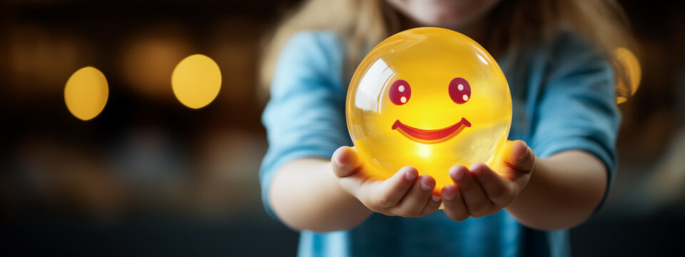 A young girl hand holding a radiant ball of positivity, her face beaming with happiness. Mental health and wellbeing positive environment Concept. Generative AI.