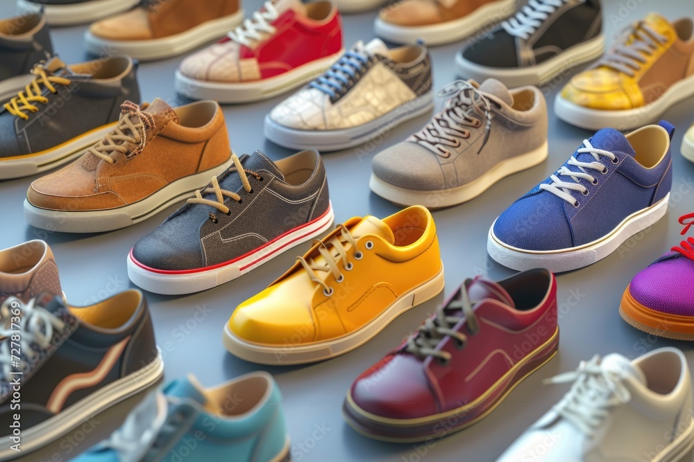 Poster a collection of various colored shoes neatly arranged on a table. perfect for fashion-related projec