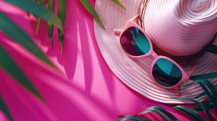 A trendy hat, stylish sunglasses, and a vibrant palm leaf on a pink background. Perfect for fashion and summer-themed designs