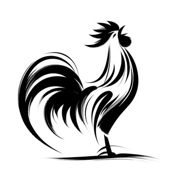 recommend clip art: Detailed Black and White Illustration of a rooster Standing, white background