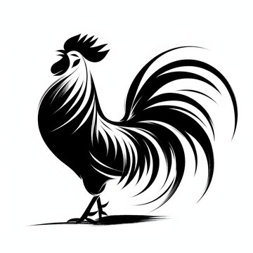 Detailed Black and White Illustration of a rooster Standing, white background