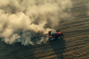 A tractor spraying a field with a sprayer. Suitable for agricultural and farming concepts