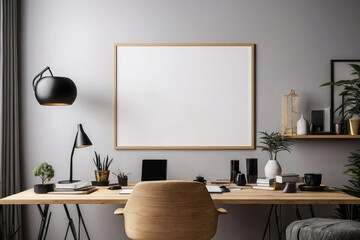 Modern Home Office Mockup - Frame on Living Room Wall, Stylish Interior Design.
