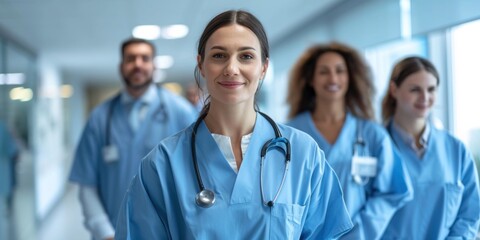 happy team doctors and nurses in hospital with support and success in healthcare, help and medicine, doctors day