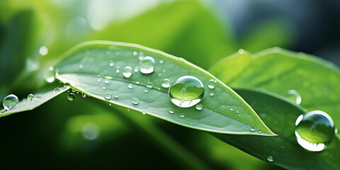 Green leaf with water drops on blurred nature background with copy space.