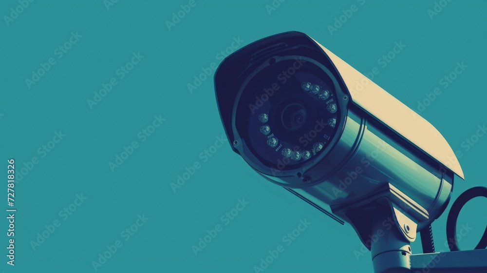 Poster A close-up view of a camera mounted on a pole. Perfect for capturing high-angle shots or surveillance footage