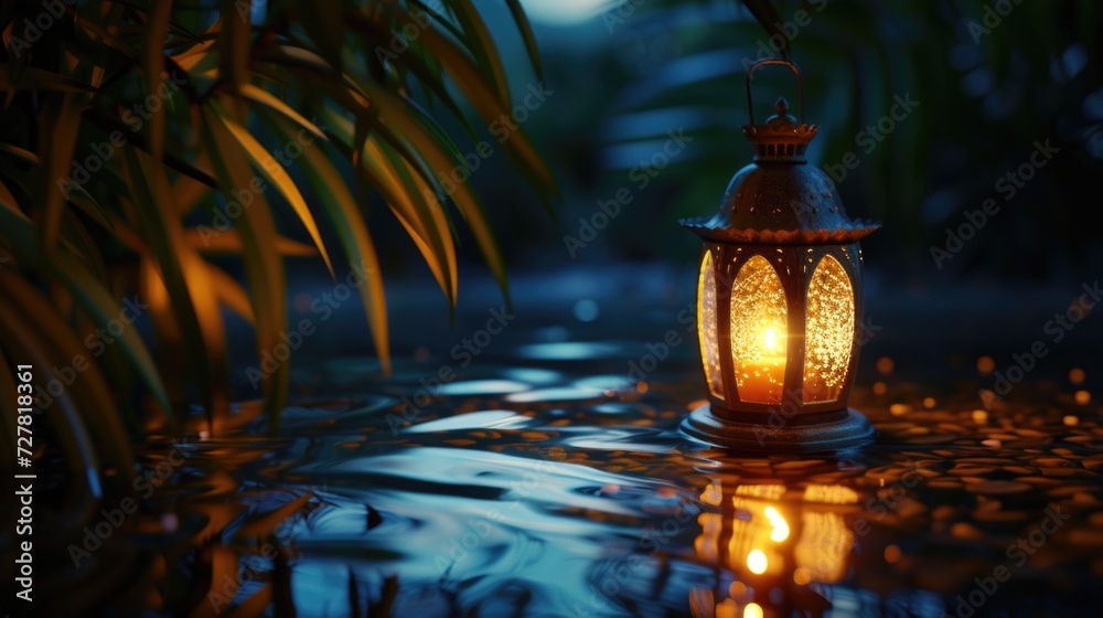 Poster A lighted lantern sitting on top of a table. This image can be used to create a cozy and warm atmosphere in various settings