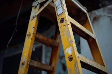 A yellow ladder leaning against a wall. Suitable for home improvement and construction themes