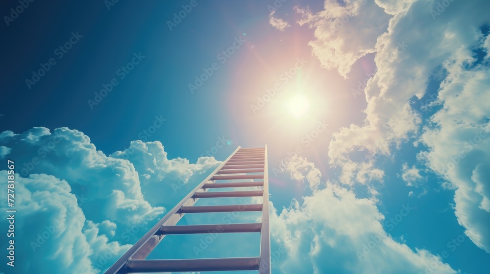 Poster a ladder reaching towards the sky with the sun shining in the background. ideal for representing gro