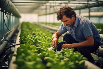 Farmer adjusting water pipe for supply watering system in hydroponic greenhouse - obrazy, fototapety, plakaty