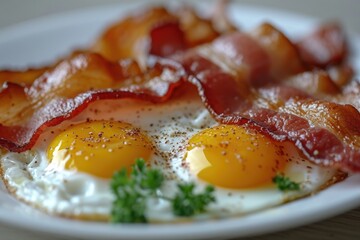 A simple and appetizing image of bacon and eggs served on a white plate. Perfect for food blogs, restaurant menus, and cooking websites