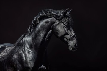 Obraz na płótnie Canvas A detailed close-up shot of a horse against a black background. Perfect for equestrian enthusiasts or for adding a touch of elegance to any project