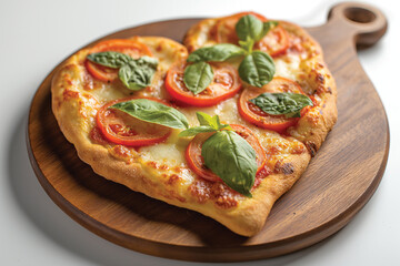 Heart shaped Margherita Pizzaon on a wooden plate