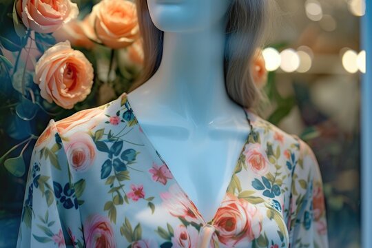 A mannequin wearing a floral shirt is displayed in the window of a store. This image can be used to showcase the latest fashion trends or as a representation of a stylish retail display