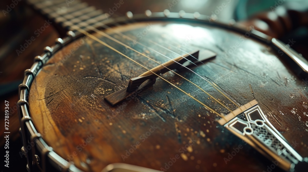 Poster A detailed view of a banjo resting on a table. Versatile image suitable for music-related projects