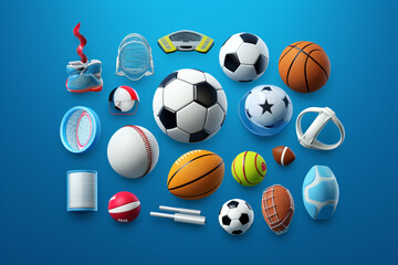 Collection of 3d sport icon collection isolated on blue, Sport and recreation for healthy life style concept