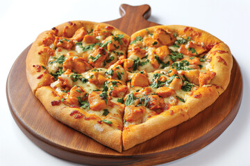 Heart shaped tandoori paneer pizza on a wooden plate