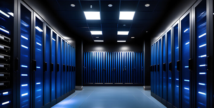 Blue Matrix: Data-center Server Rooms Bathed in Dark Hues, Inspired by Big Data for Wallpaper or Background