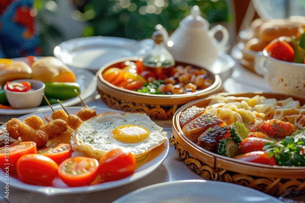 Aufkleber A table filled with a variety of different types of food. This image can be used to showcase a diverse menu or for food-related articles and blogs