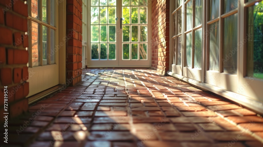 Poster a hallway with a brick floor and large windows. ideal for architectural and interior design concepts