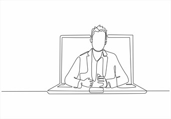 One single line image on the laptop shows a male lecturer teaching. Continuous line drawing design graphic vector illustration